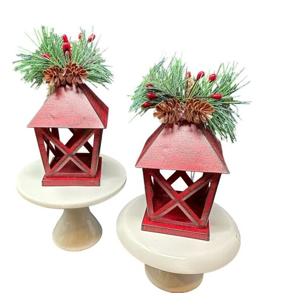 Christmas Lantern Ornament Set 5in Pinecone Berry Accents Holiday Rustic New Red - Picture 3 of 11